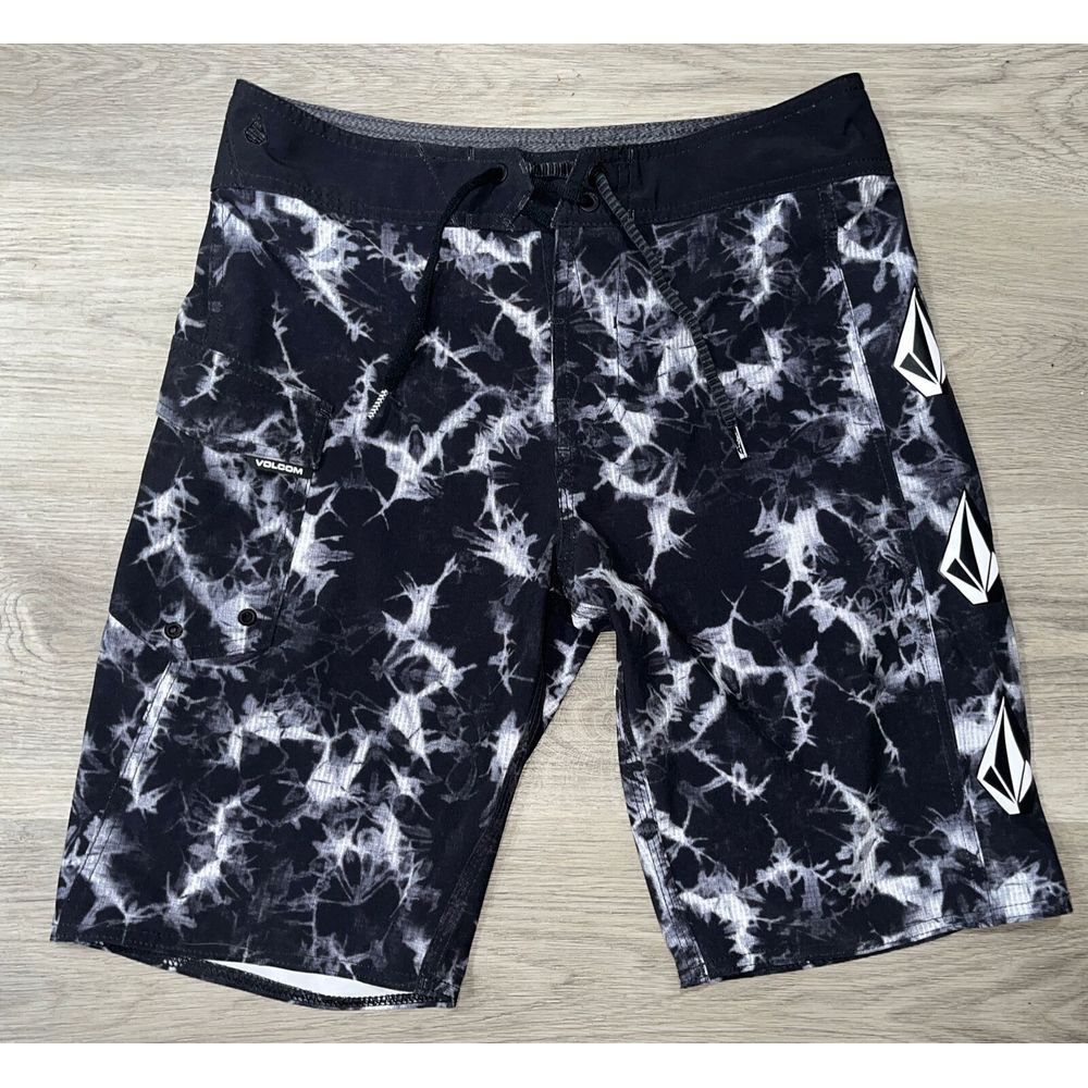 Volcom Mod Tech Mens Sz 29 Stretch BoardShorts Swim Trunks Black Pattern